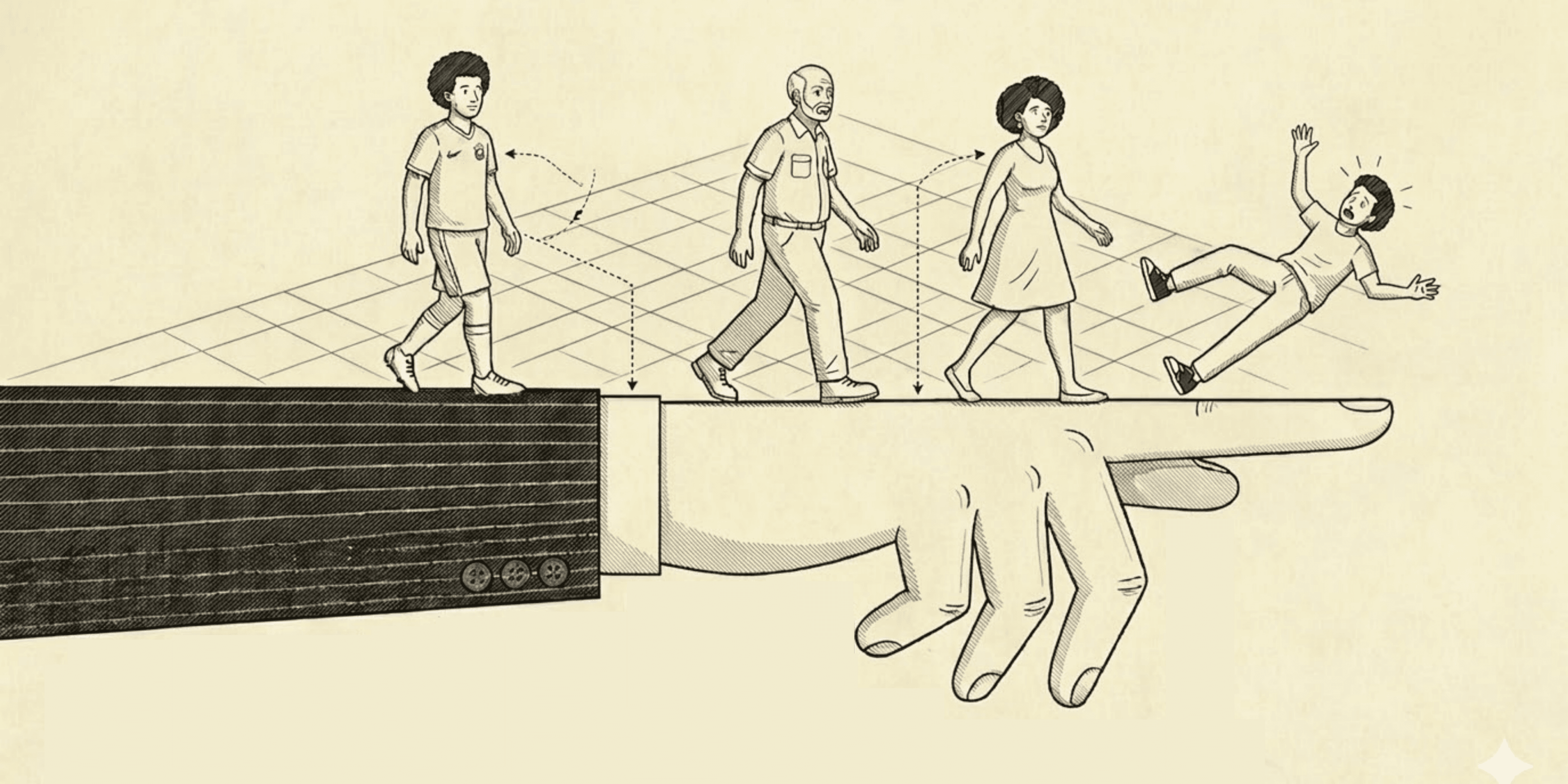 Ilustração alegórica: uma mão empurrando pessoas numa plataforma; Representação do Nudge aplicado ao Brasil
